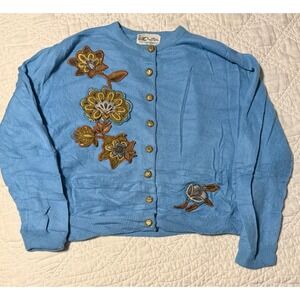 Dalton Blue 100% Virgin Cashmere Floral Applique Cardigan Gold Buttons VTG